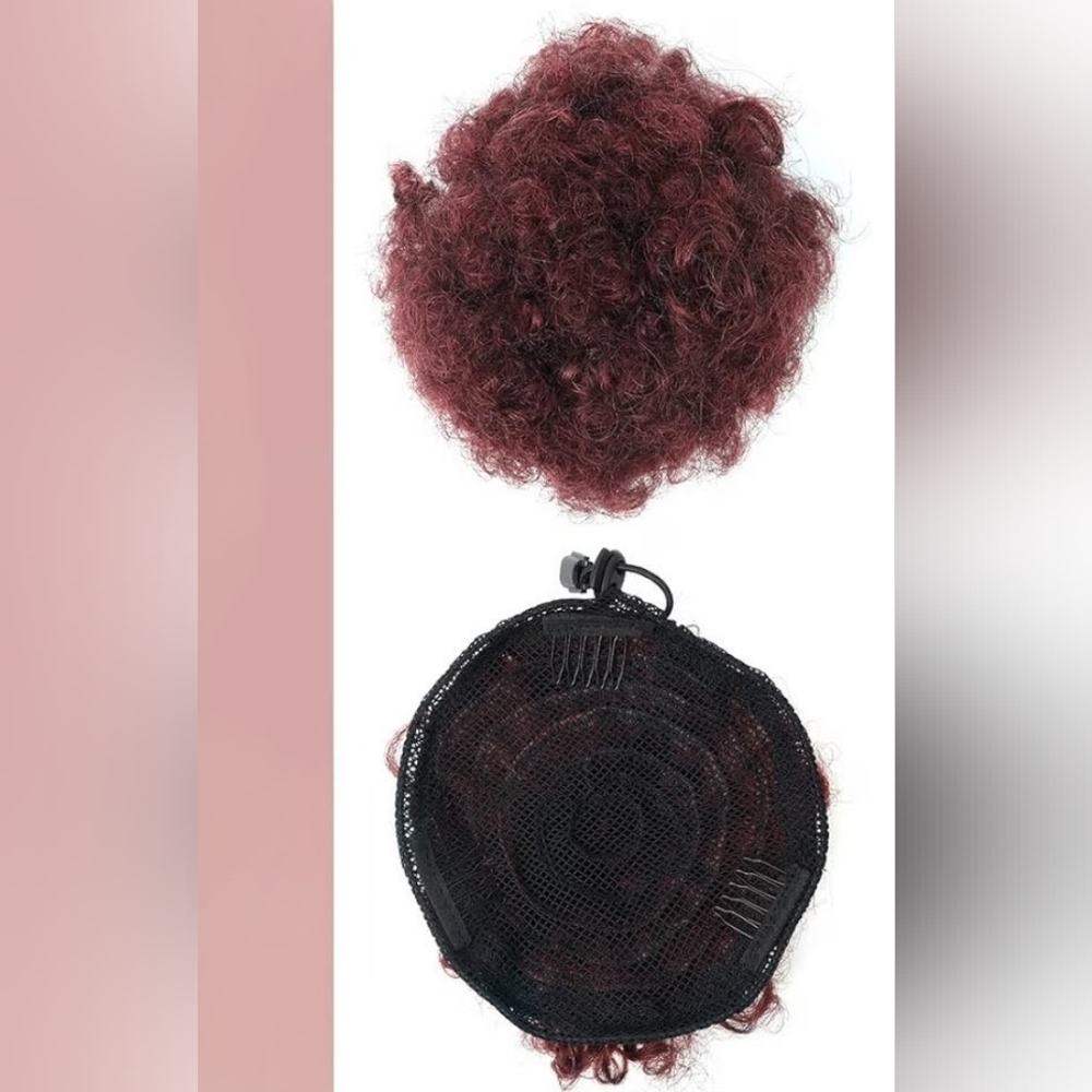 Wine Red Kinky Curly Ponytail 6" 100% Human Hair Afro Puff